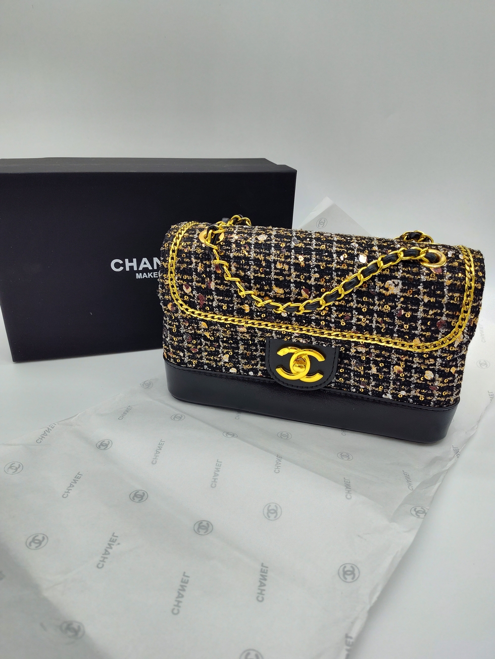 CHANEL MakeuPromotional Black Gold Tweed Chain Shoulder Bag CC Turn Lock Box NIB